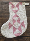 Vintage heirloom quilt Christmas stockings muted red and white