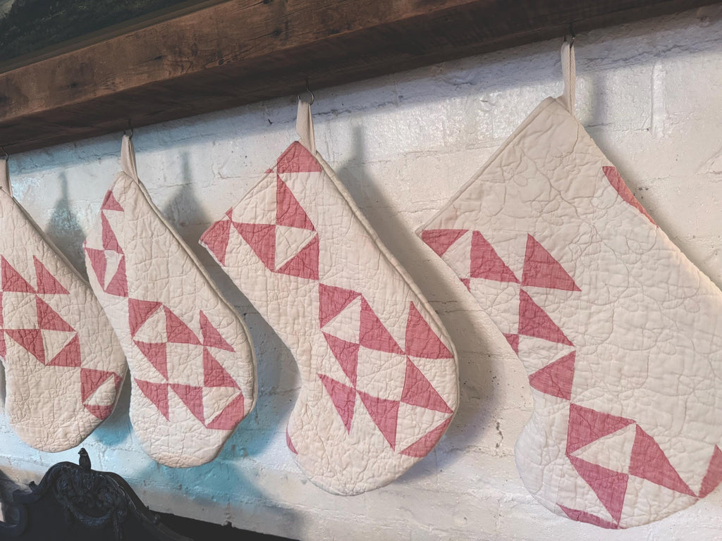 Vintage heirloom quilt Christmas stockings muted red and white