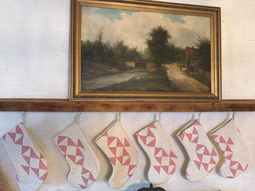 Vintage heirloom quilt Christmas stockings muted red and white