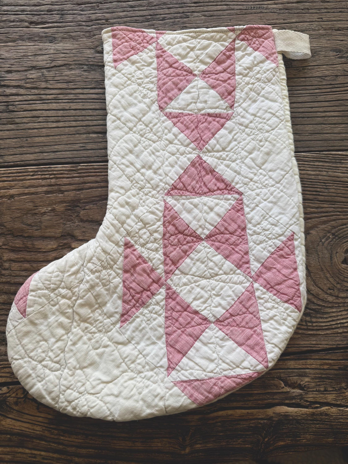 Vintage heirloom quilt Christmas stockings muted red and white