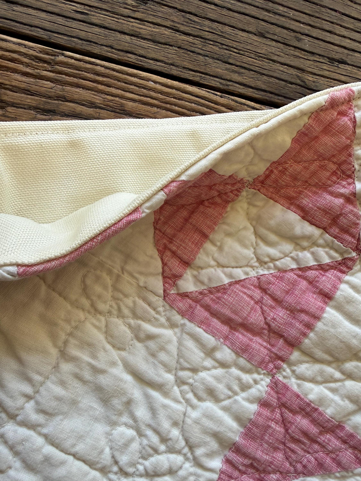 Vintage heirloom quilt Christmas stockings muted red and white