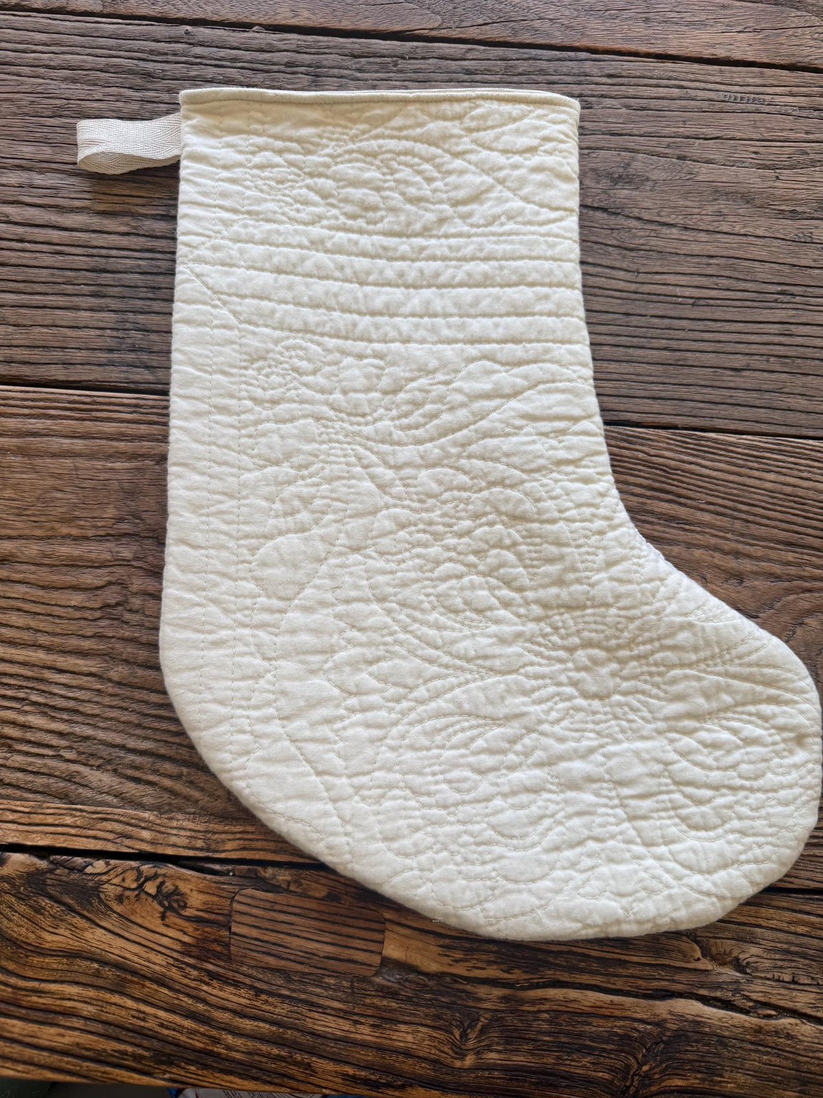 Vintage heirloom quilt Christmas stockings muted red and white