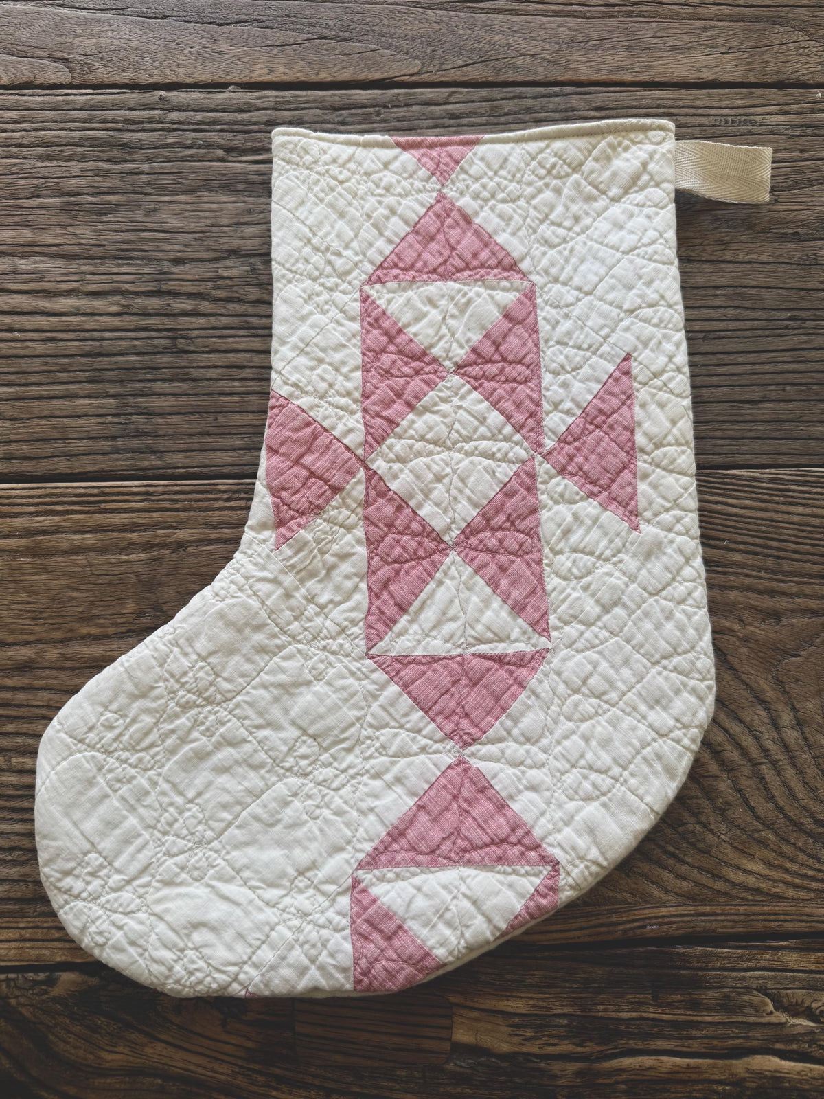 Vintage heirloom quilt Christmas stockings muted red and white