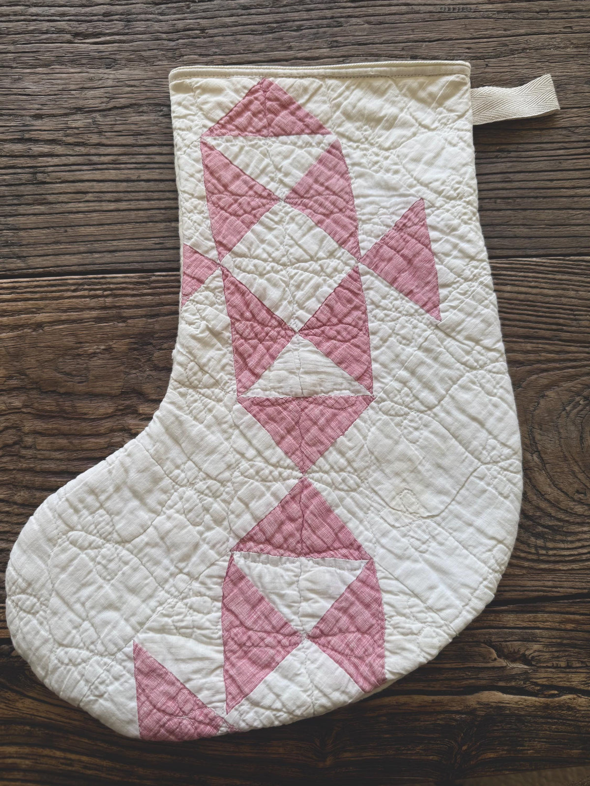 Vintage heirloom quilt Christmas stockings muted red and white