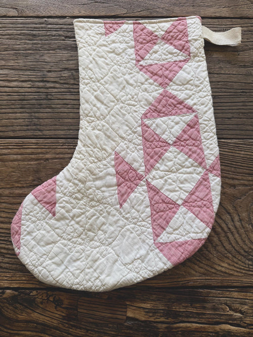 Vintage heirloom quilt Christmas stockings muted red and white