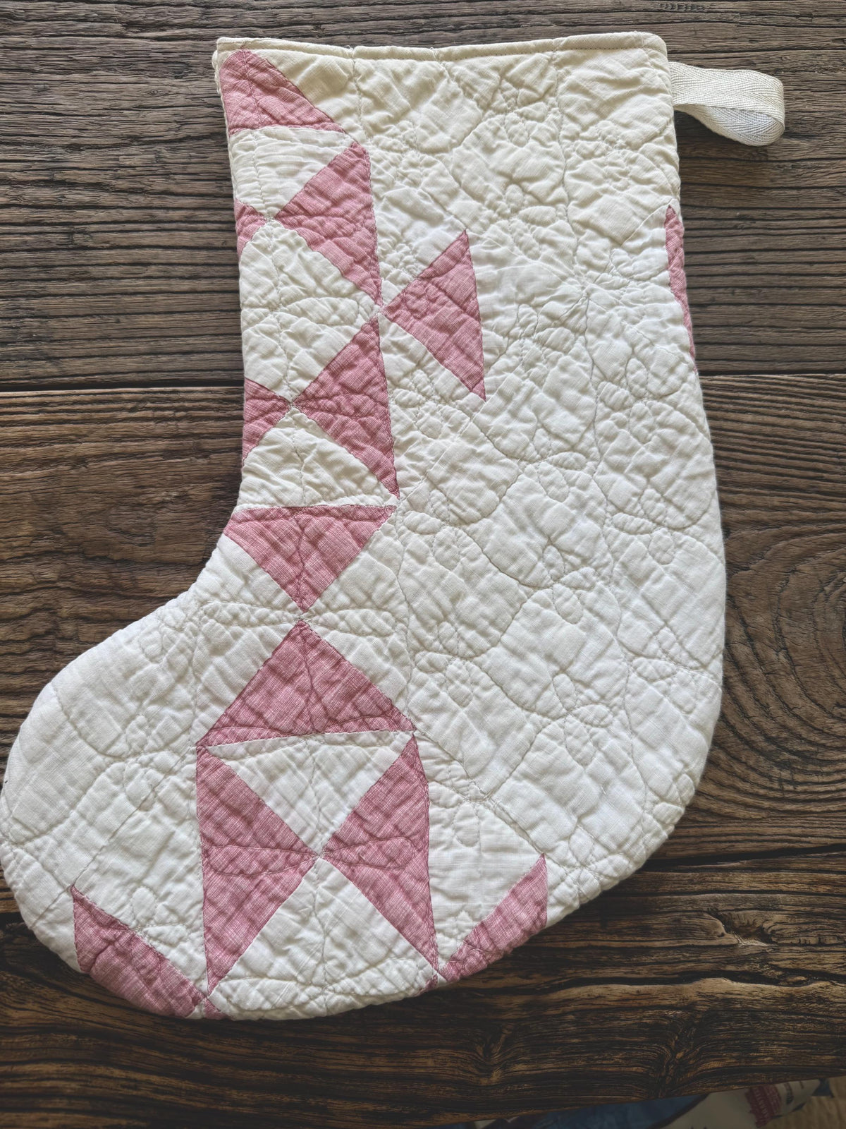 Vintage heirloom quilt Christmas stockings muted red and white